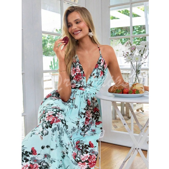 Backless Floral Print Maxi Dress Criss Cross - Picture 5 of 14